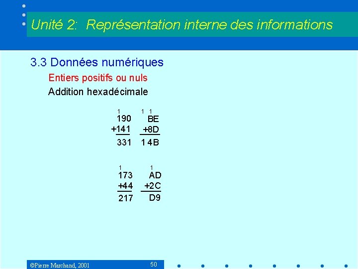 Unité 2: Représentation interne des informations 3. 3 Données numériques Entiers positifs ou nuls
