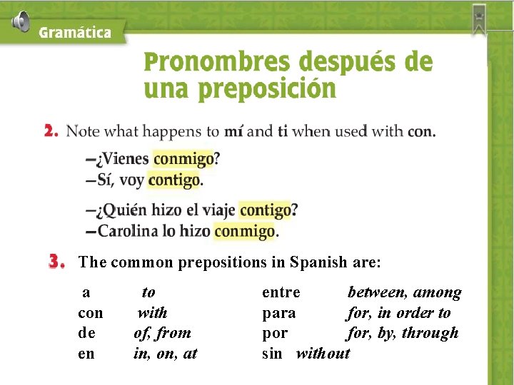 The common prepositions in Spanish are: a con de en to with of, from