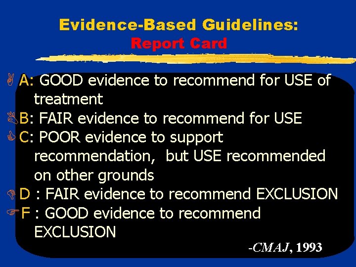 Evidence-Based Guidelines: Report Card A A: GOOD evidence to recommend for USE of treatment