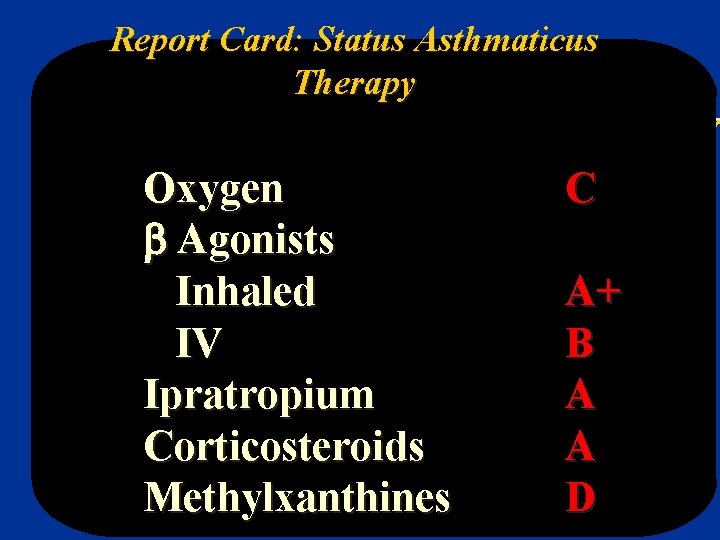 Report Card: Status Asthmaticus Therapy Oxygen Agonists Inhaled IV Ipratropium Corticosteroids Methylxanthines C A+