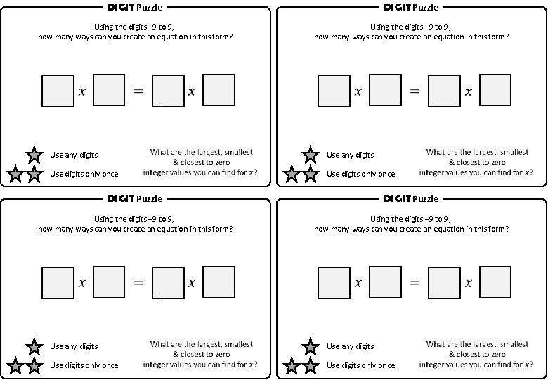 DIGIT Puzzle Using the digits − 9 to 9, how many ways can you