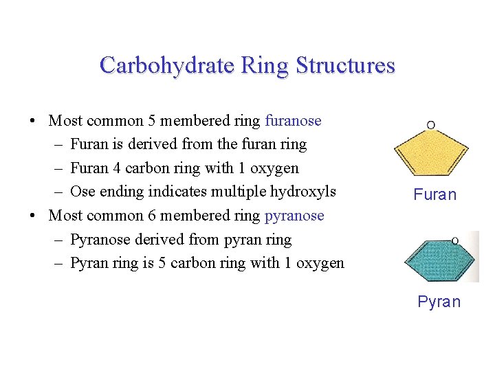 Carbohydrate Ring Structures • Most common 5 membered ring furanose – Furan is derived