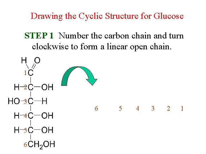 Drawing the Cyclic Structure for Glucose STEP 1 Number the carbon chain and turn