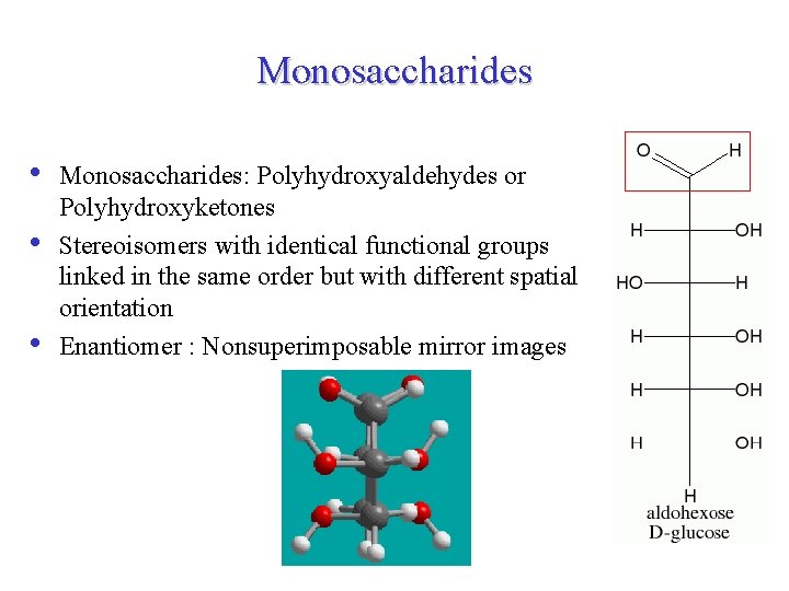 Monosaccharides • • • Monosaccharides: Polyhydroxyaldehydes or Polyhydroxyketones Stereoisomers with identical functional groups linked
