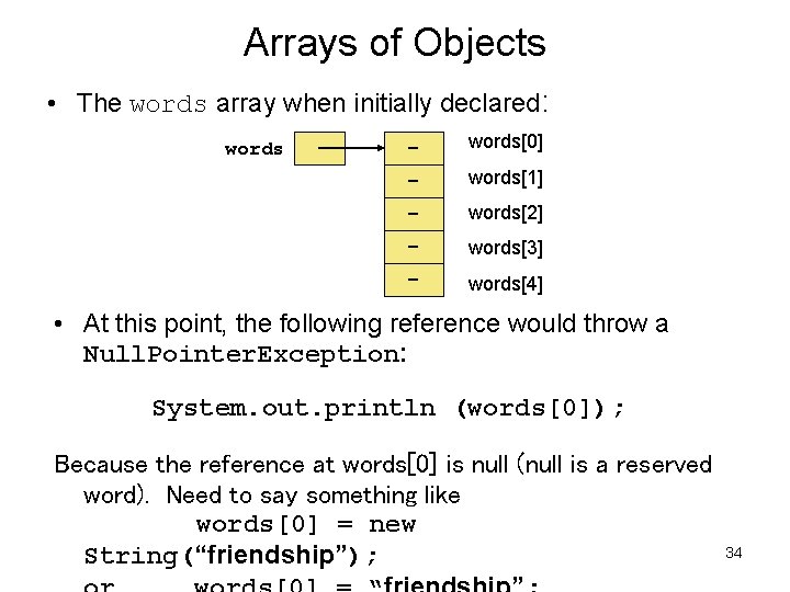 Arrays of Objects • The words array when initially declared: words - words[0] -