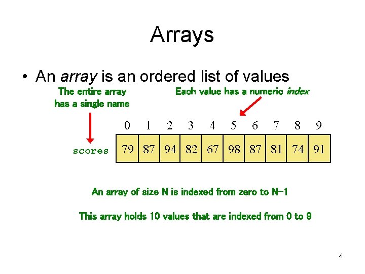 Arrays • An array is an ordered list of values Each value has a