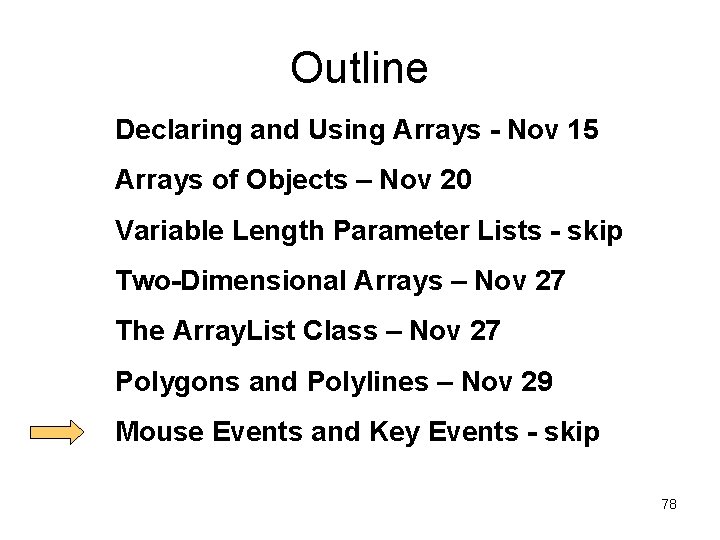 Outline Declaring and Using Arrays - Nov 15 Arrays of Objects – Nov 20