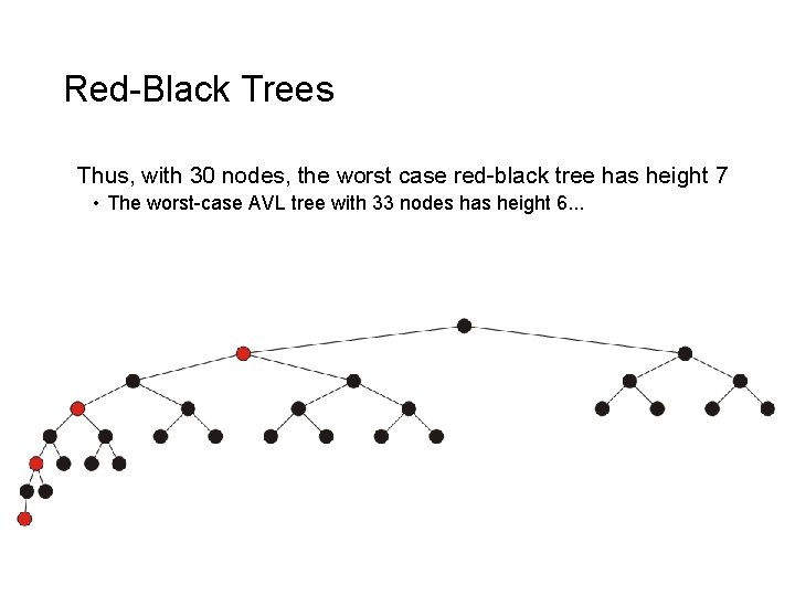 Red-Black Trees Thus, with 30 nodes, the worst case red-black tree has height 7