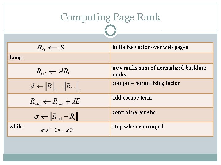 Computing Page Rank initialize vector over web pages Loop: new ranks sum of normalized