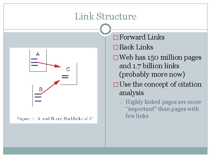 Link Structure � Forward Links � Back Links � Web has 150 million pages