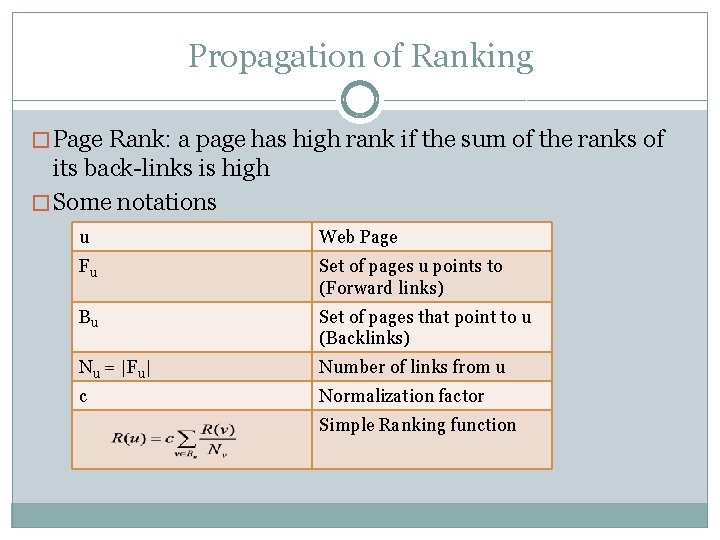 Propagation of Ranking � Page Rank: a page has high rank if the sum