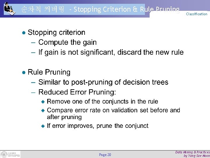 순차적 커버링 - Stopping Criterion & Rule Pruning Page 20 Classification Data Mining &