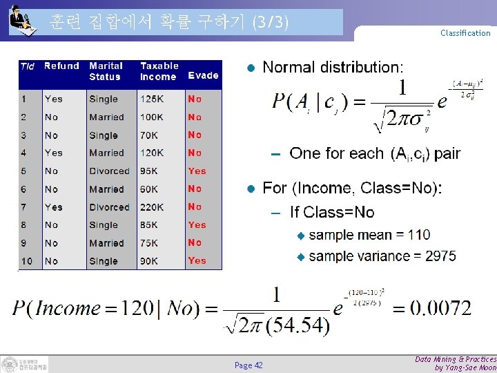 훈련 집합에서 확률 구하기 (3/3) Page 42 Classification Data Mining & Practices by Yang-Sae