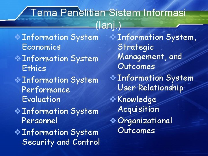 Tema Penelitian Sistem Informasi (lanj. ) v Information System Economics v Information System Ethics