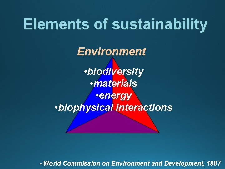 Elements of sustainability Environment • biodiversity • materials • energy • biophysical interactions -