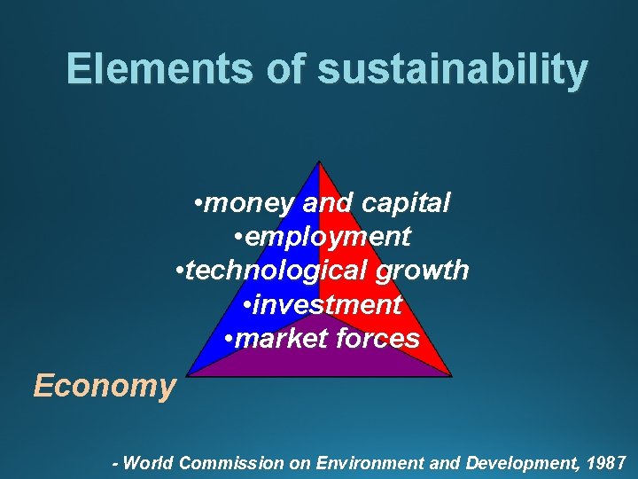 Elements of sustainability • money and capital • employment • technological growth • investment