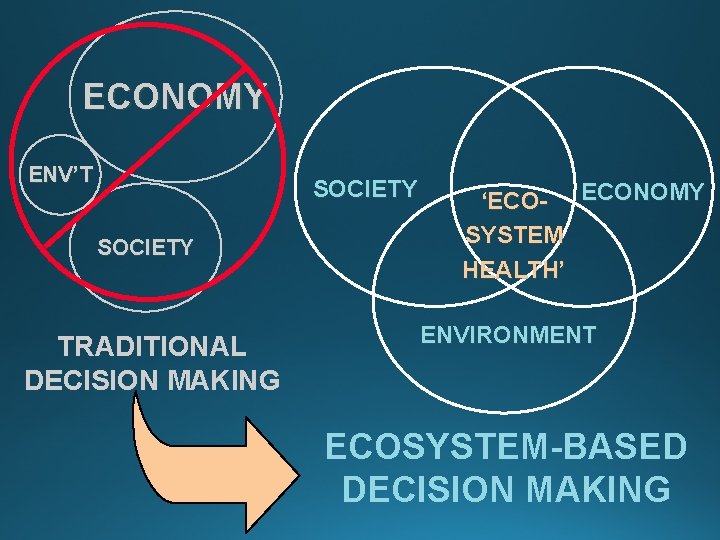 ECONOMY ENV’T SOCIETY TRADITIONAL DECISION MAKING ‘ECO- ECONOMY SYSTEM HEALTH’ ENVIRONMENT ECOSYSTEM-BASED DECISION MAKING