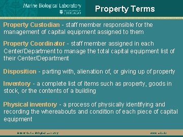 Property Terms Property Custodian - staff member responsible for the management of capital equipment