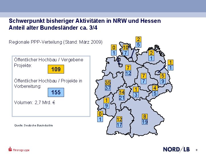 Schwerpunkt bisheriger Aktivitäten in NRW und Hessen Anteil alter Bundesländer ca. 3/4 Regionale PPP-Verteilung