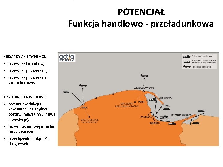 POTENCJAŁ Funkcja handlowo - przeładunkowa OBSZARY AKTYWNOŚCI: • przewozy ładunków, • przewozy pasażerskie, •