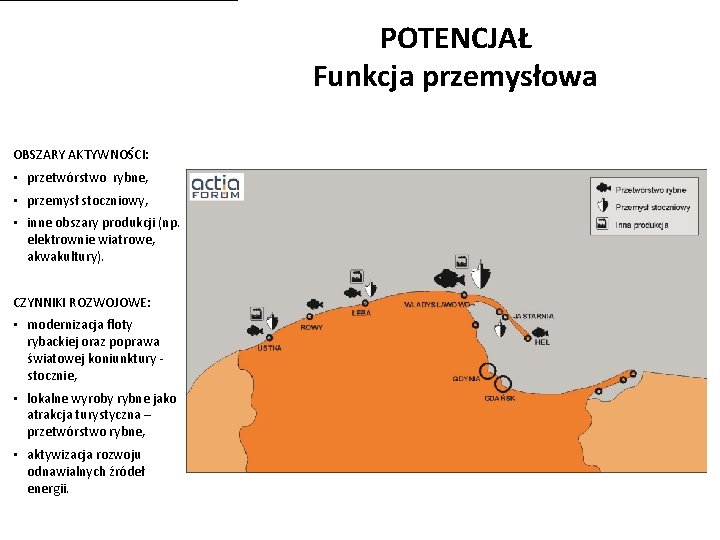 POTENCJAŁ Funkcja przemysłowa OBSZARY AKTYWNOŚCI: • przetwórstwo rybne, • przemysł stoczniowy, • inne obszary