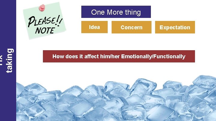 Hx taking One More thing Idea Concern Expectation How does it affect him/her Emotionally/Functionally Hx taking One More thing Idea Concern Expectation How does it affect him/her Emotionally/Functionally