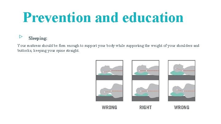 Prevention and education ▹ Sleeping: Your mattress should be firm enough to support your