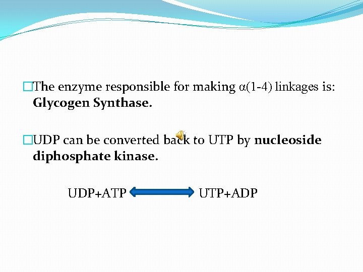 �The enzyme responsible for making α(1 -4) linkages is: Glycogen Synthase. �UDP can be
