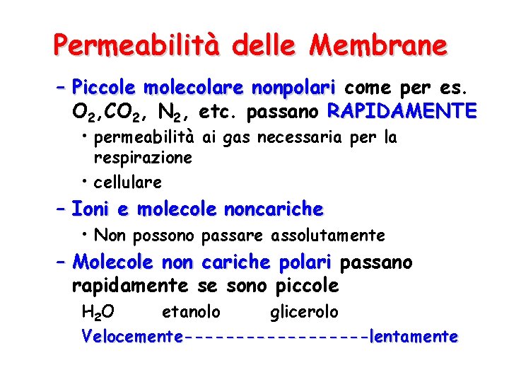 Permeabilità delle Membrane – Piccole molecolare nonpolari come per es. O 2, CO 2,