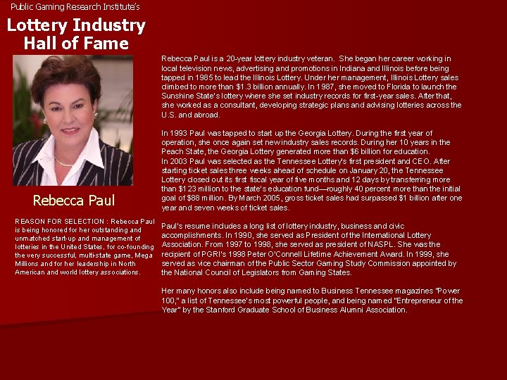 Public Gaming Research Institute’s Lottery Industry Hall of Fame Rebecca Paul is a 20