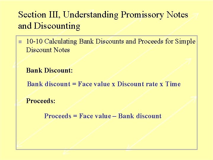 Section III, Understanding Promissory Notes and Discounting n 10 -10 Calculating Bank Discounts and