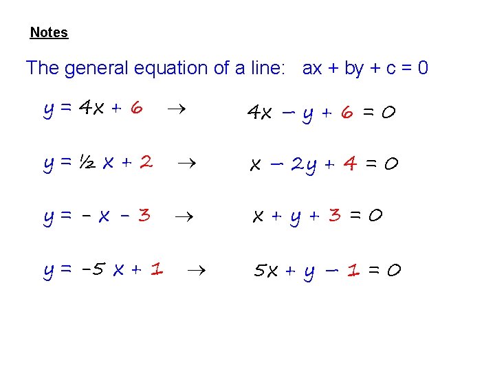 Notes The general equation of a line: ax + by + c = 0