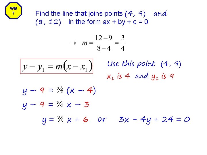 WB 7 Find the line that joins points (4, 9) and (8, 12) in