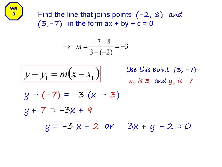 WB 8 Find the line that joins points (-2, 8) and (3, -7) in