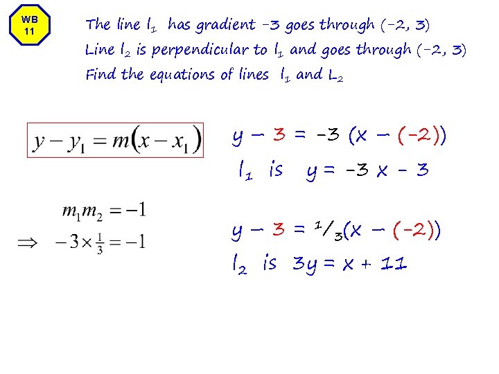 WB 11 The line l 1 has gradient -3 goes through (-2, 3) Line