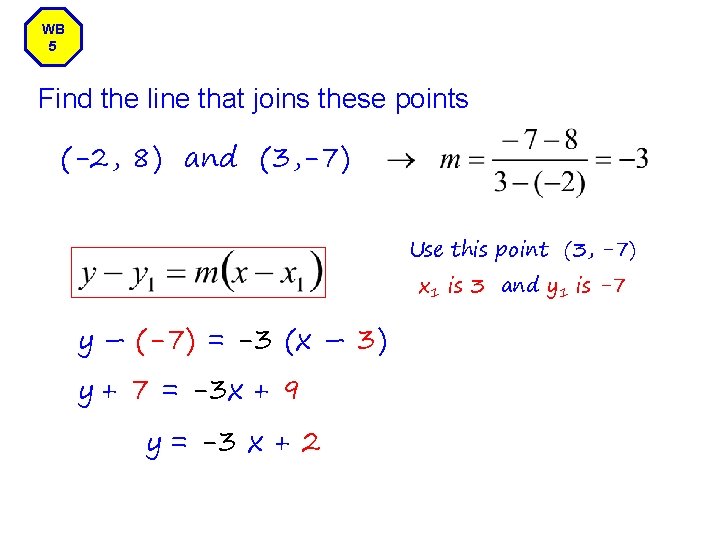 WB 5 Find the line that joins these points (-2, 8) and (3, -7)