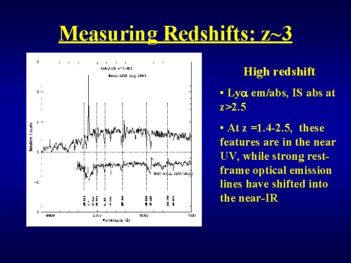 Measuring Redshifts: z~3 High redshift • Lya em/abs, IS abs at z>2. 5 •