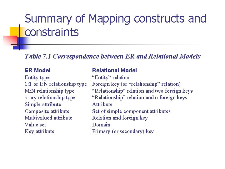 Summary of Mapping constructs and constraints Table 7. 1 Correspondence between ER and Relational