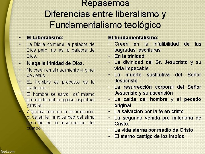 Repasemos Diferencias entre liberalismo y Fundamentalismo teológico • El Liberalismo: • La Biblia contiene