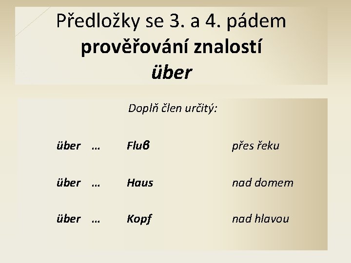 Předložky se 3. a 4. pádem prověřování znalostí über Doplň člen určitý: über …