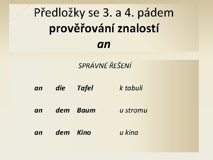 Předložky se 3. a 4. pádem prověřování znalostí an SPRÁVNÉ ŘEŠENÍ an die Tafel