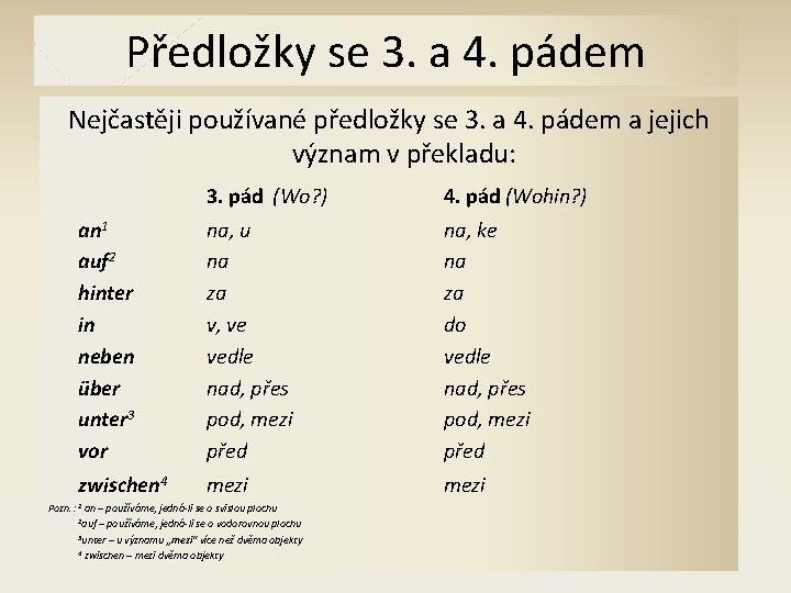 Předložky se 3. a 4. pádem Nejčastěji používané předložky se 3. a 4. pádem