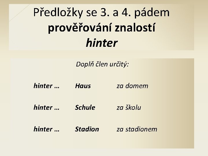 Předložky se 3. a 4. pádem prověřování znalostí hinter Doplň člen určitý: hinter …