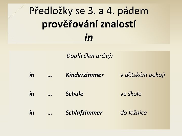 Předložky se 3. a 4. pádem prověřování znalostí in Doplň člen určitý: in …