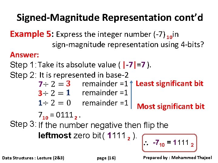 Signed-Magnitude Representation cont’d Example 5: Express the integer number (-7) 10 in sign-magnitude representation