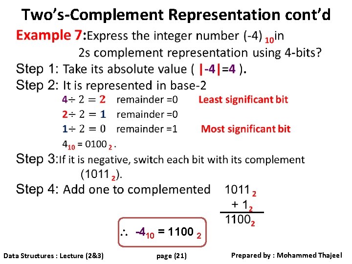 Two’s-Complement Representation cont’d -410 = 1100 2 Data Structures : Lecture (2&3) page (21)