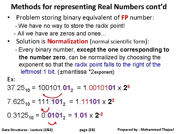 Methods for representing Real Numbers cont’d • Problem storing binary equivalent of FP number: