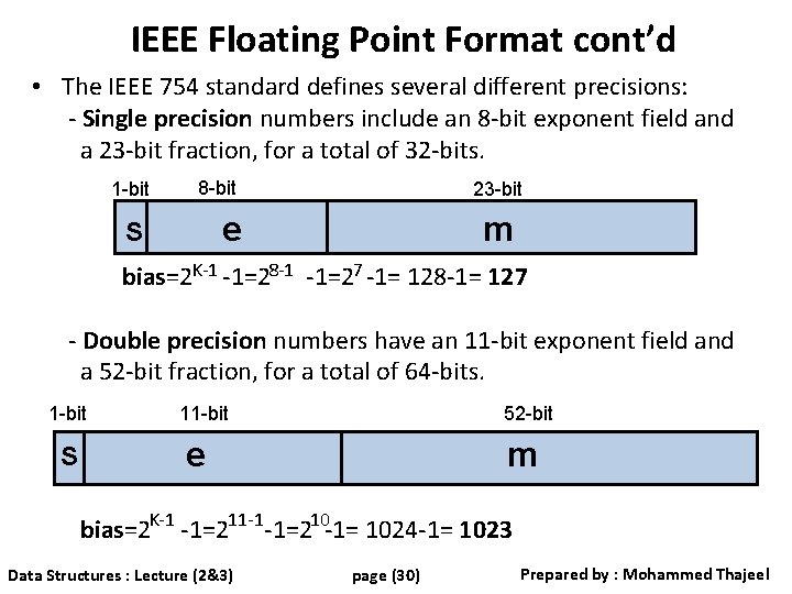 IEEE Floating Point Format cont’d • The IEEE 754 standard defines several different precisions: