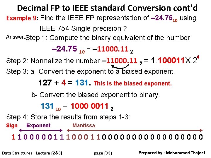 Decimal FP to IEEE standard Conversion cont’d Example 9: Find the IEEE FP representation