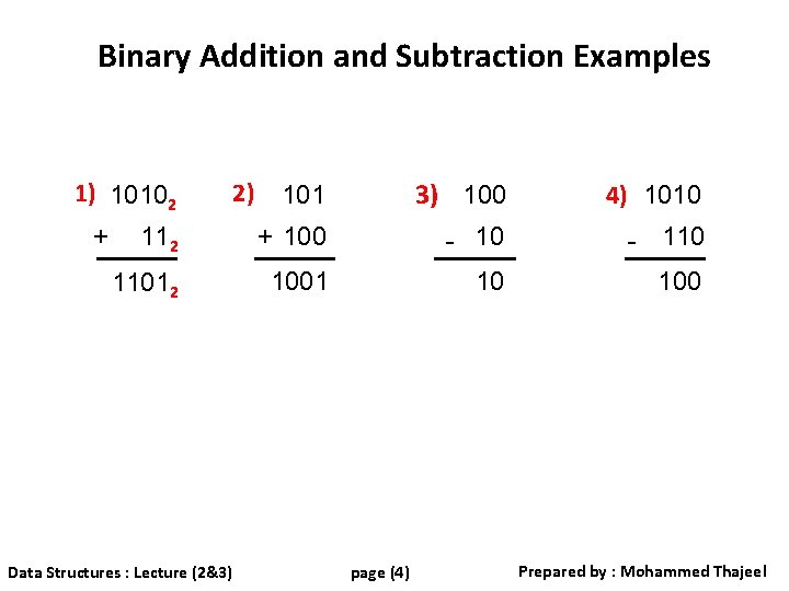 Binary Addition and Subtraction Examples 101 3) 100 4) 1010 112 + 100 -